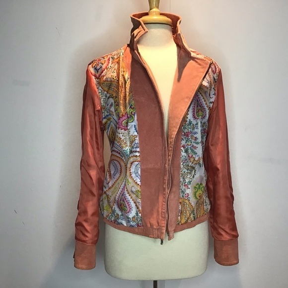 Vintage Y2K apricot suede moto style angled zipper lined scallop edge jacket L - Picture 9 of 14